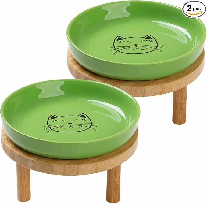 Lusifaco Shallow Wide Elevated Cat Bowls Whisker Fatigue(Green,Set of 2) | 5.9 Inch 2 Height Raised Ceramic Cat Dishes with Bamboo Stand, Flat Pet Water Food Plates Feeding Station for Indoor Kitten by MakesMealsMoreEnjoyable
