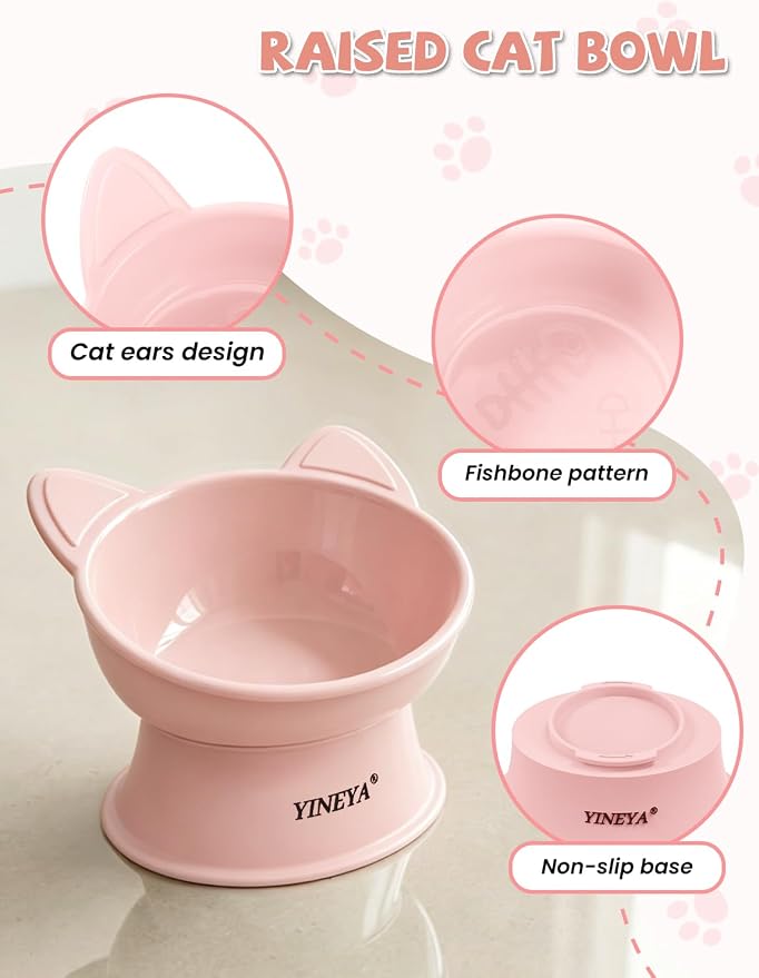 YINEYA Cat Bowls, Cat Food Bowl Elevated to Protect Neck & Anti-Vomit, Whisker-Friendly Raised Food & Water Bowls for Indoor Cats/Small Dogs, Cute Pet Feeding Bowl 6 OZ Each, Dishwasher Safe, Pink - Image 5