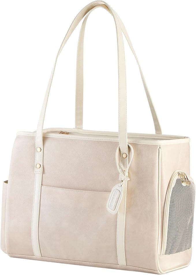 Fashion Dog Carrier Purse, Premium Leather Cat Carrier Bag, Airline Approved Soft Sided Pet Travel Tote Bag with Pockets Beige by Unknown