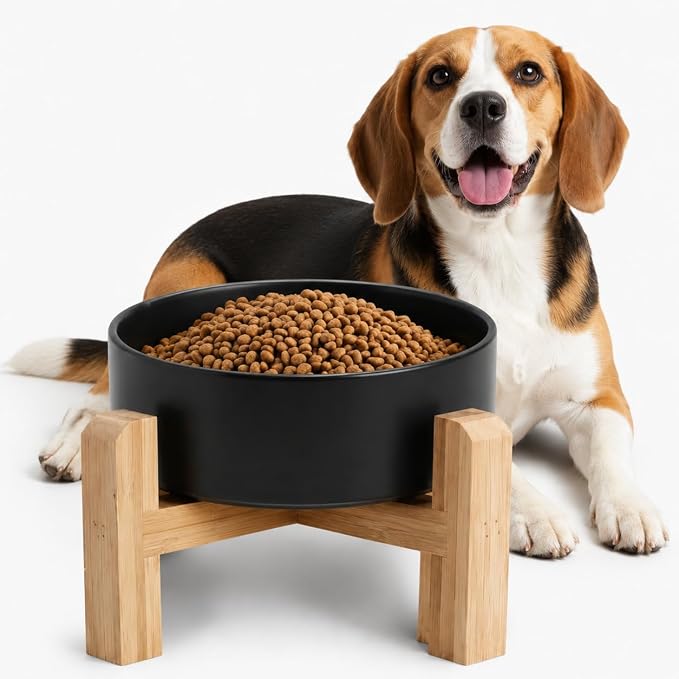 Elevated/Raised Ceramic Dog Bowl with Bamboo Stand,8 inch 7.6 Cups Non-Slip Heavy-Weighted Single Pet Dish, Reduces Neck Strain Black by addggo