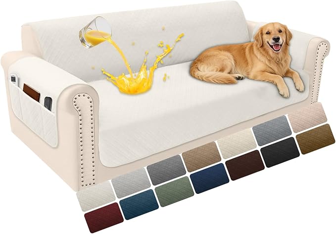 Velvet 100% Waterproof Couch Cover for Dogs Washable Sofa Covers for 3 Cushion Couch Pet Friendly Sofa Slipcovers Set Non Slip Quilted Furniture Protector with Pockets (Large, Ivory) by YUEVELLASofaCover