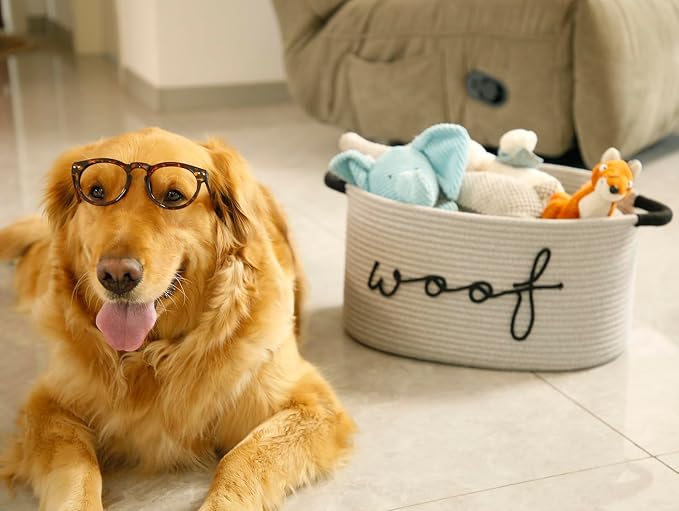 Woof Dog Basket - Cotton Rope Pet Storage Bin With Durable Handles, Large Toy Organizer for Puppies, Perfect for Chew Toys, Blankets and Leashes - Image 3
