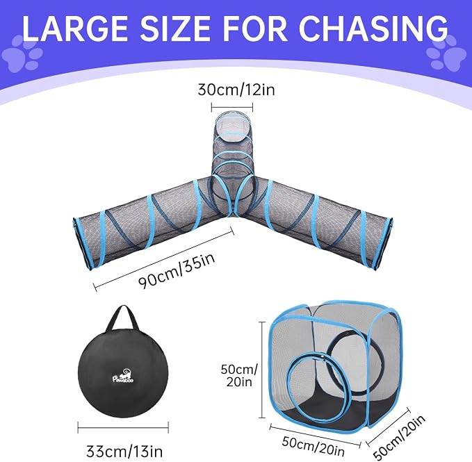 Pawaboo Cat Enclosures, Mesh Cat Tunnel, Light Blue + Black | Playhouse, Free Carry Bag, For Multiple Cats and Small Animals - Image 3