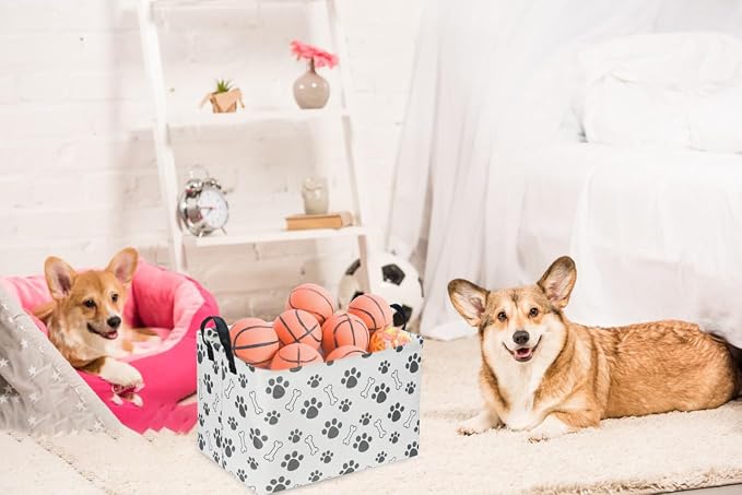 Rectangular Dog Basket,Dog Toy Bin,Dog Storage Basket Organizer.Waterproof PE Coating Puppy Storage Bin with Handles.Dog room decor,Dog Toys,Books,Kid's Gifts basket. (Dog Paw) - Image 3