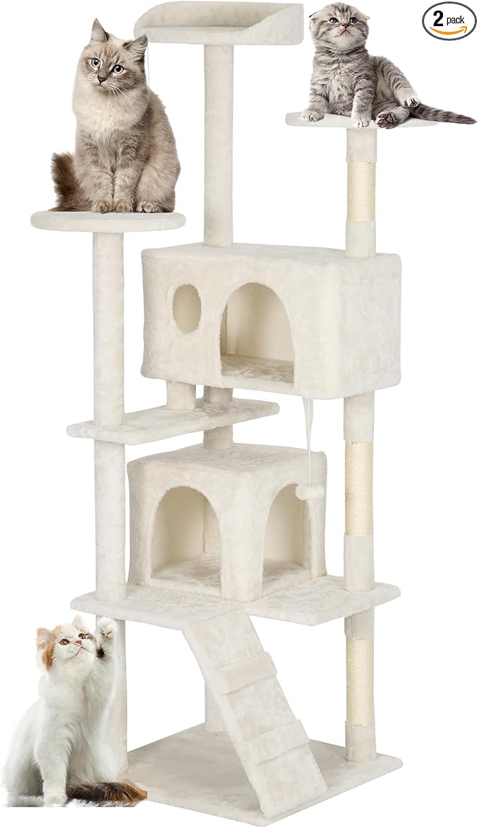 FDW | 62" Cat Tree Tower | Beige | Multi-Level Indoor Activity Center with Sisal Scratching Posts, Condos, Plush Perches, Hanging Cat Toys | Sturdy, Easy to Assemble | for Kittens & Adult Cats by FDW