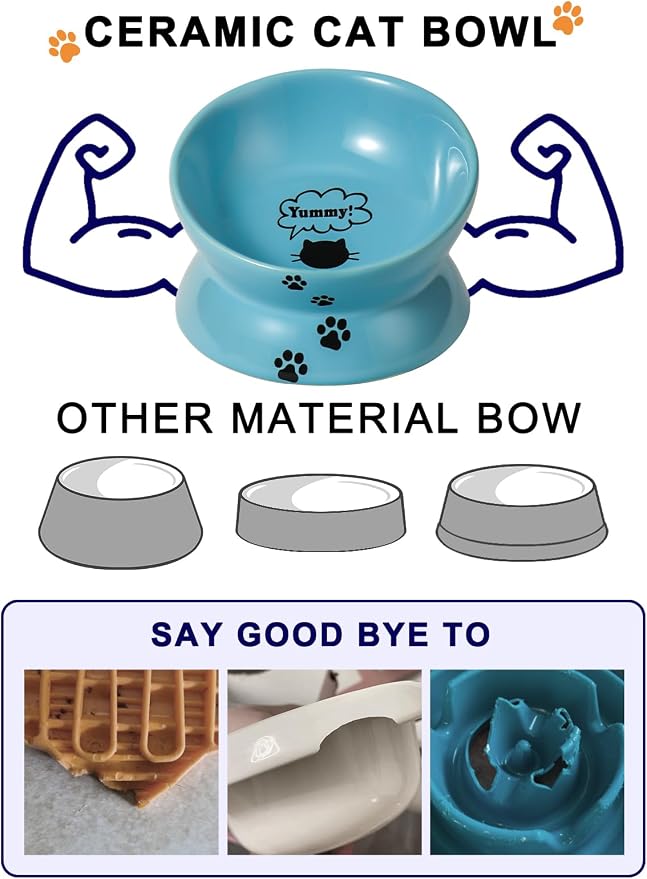 Y YHY Elevated Cat Food Bowl, Ceramic Raised Bowl, Tilt Angle Protects Cat's Spine, Anti Vomiting Dish, Backflow Prevention, Lake Blue - Image 4