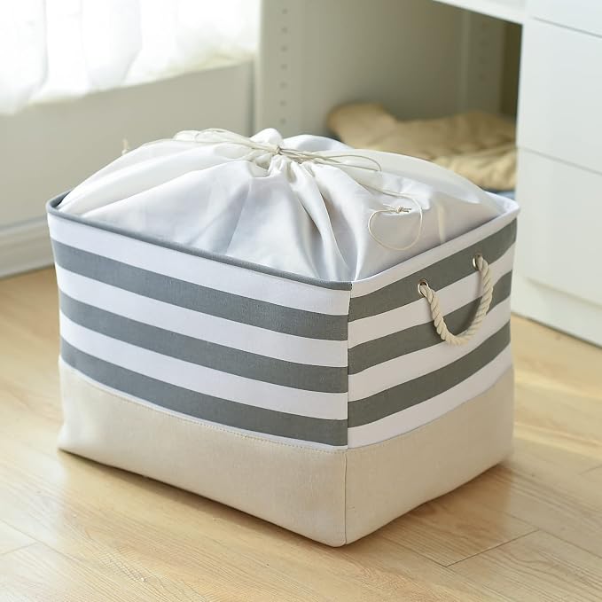 TheWarmHome Jumbo Storage Bins Baskets, Sturdy Fabric Organizing Basket W/Handles, Decorative Foldable Storage Baskets for Shelves Closet Nursery Toy (Grey&White Stripes 3 Pack, 20.5Lx15.7Wx13.8H in) - Image 5