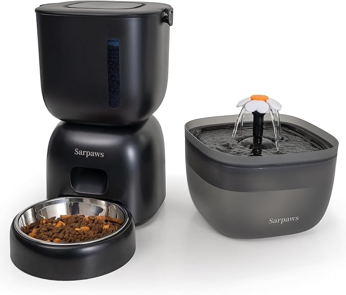 Automatic Cat Feeder and Water Dispenser FW1, Wire or Battery Cat Food Dispenser Timer Pet Feeder - Locking Lid, Desiccant Bag, Programmable Portion Control, 4 Daily Meals, 10s Voice Recorder by Sarpaws