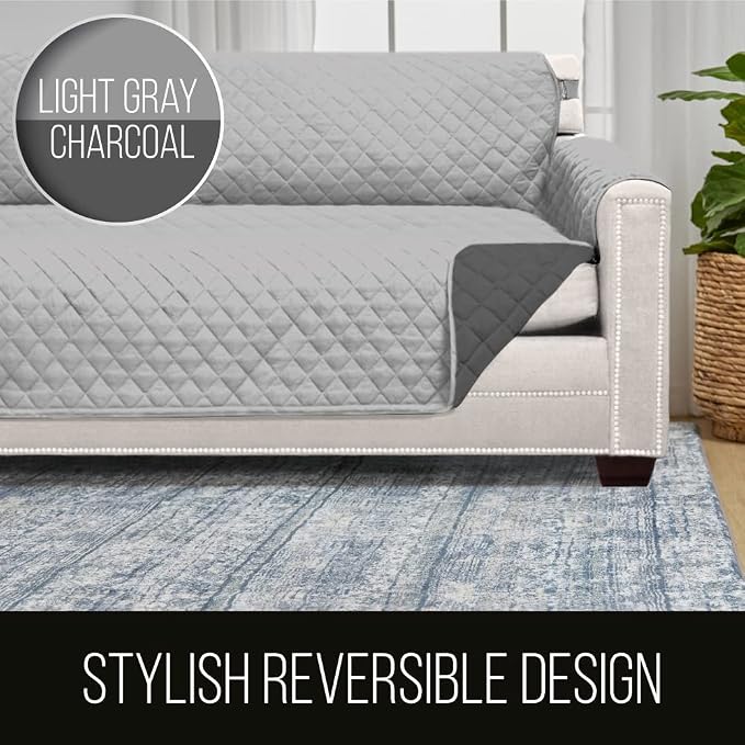 Sofa Shield® Couch Small Recliner Slip Cover with Strap Light Gray Charcoal | Reversible Furniture Protector, Stain and Tear Resistant Cushion Cover, Machine Washable Slipcover for Pets, Cats 70 inch - Image 5