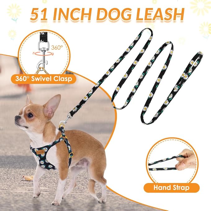 SlowTon No Pull Dog Harness with Leash for Small Medium Dogs, Black S | Floral Pattern, Step-in, Lightweight, Easy Put On and Off, No Choke, Soft Cotton and Suede for Daily Walking - Image 4