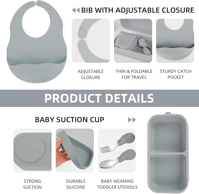 Travel Silicone Baby Feeding Set with 316 Stainless Steel Spoon & Fork ,Silicone Suction Plates, Foldable Bib, Storage Bag - Portable Infant Toddler Utensils, 6-Piece BPA-Free Dishware Kit（gray） - Image 6