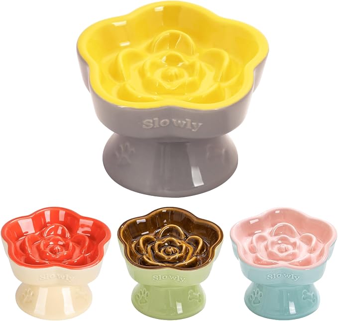 S&Q's CERAMICS Raised Slow Feeder Cat Bowl, Ceramic Elevated Food Bowl Small Dogs Slow Feeder, Flower Shaped Cute Pet Dish for Dry and Wet Food (Yellow, 5.8") by SQsCeramics