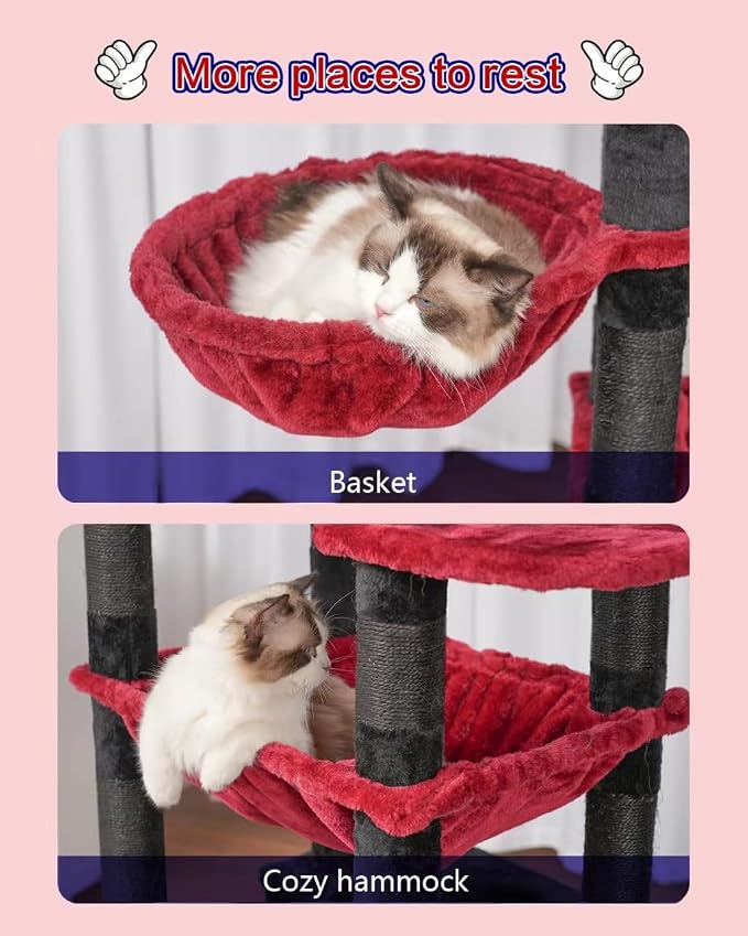 Cat Tree, 74" Tower for Large Cats, Big Condo Hammock CCT030BR | Heavy duty, 3 Big Platforms, 2 Baskets, 2 Condos, Multi-Level Cat Scratching Posts, Indoor Cats Large Adult, Black and red - Image 5