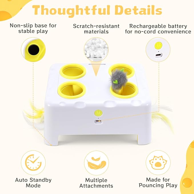Interactive Cat Feather Toy Cheese Box 3in1 Whack a Mole | 3 Play Modes, Paw-Safe 4 Hole Whack-a-Mole, Anti-Slip Base, 4 Interchangeable Accessories, USB Rechargeable Auto Cat Toy - Image 2