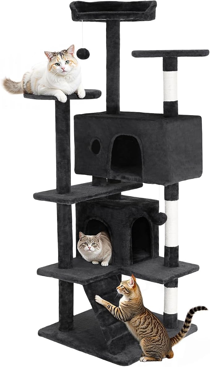 FDW Cat Tree 54in Cat Tower Multi-Level Durable Cat Scratching Post & Cozy Fun Cat Jumping Platform Space Saving Cat Condo Pet Play House for Indoor Cats,Grey by FDW
