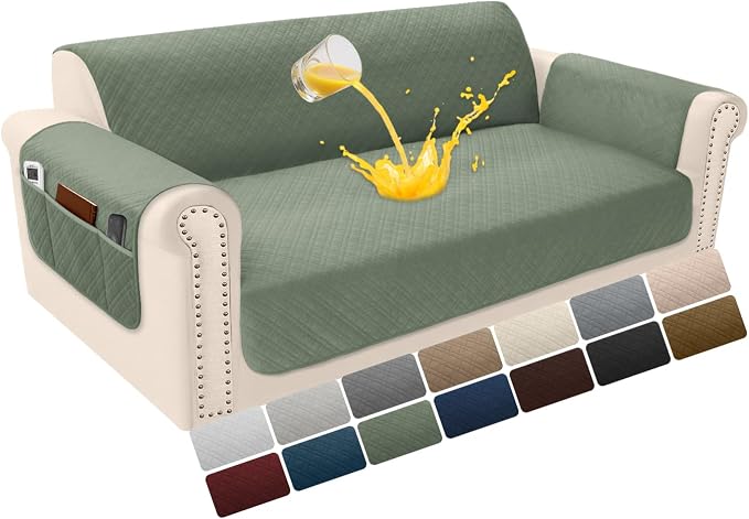 Velvet 100% Waterproof Loveseat Covers Washable Love Seat Couch Covers for 2 Cushion Couch Sofa Pet Friendly Sofa Slipcovers Dogs Furniture Protector with Pockets (Medium-XL, Sage) by YUEVELLASofaCover