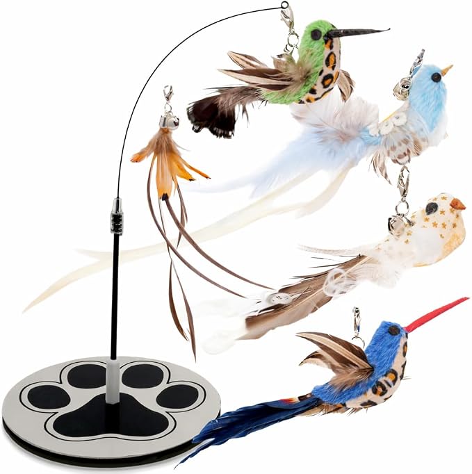 Interactive Cat Toys for Indoor Cats: Flying Bird Cat Toy Wand 5 Attachmets | Trigger natural hunting instincts! The no-topple base secures 5 bird feather lures for vigorous, active play. by GADGETSOLOGY