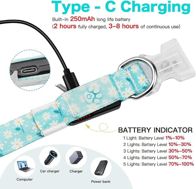 Light Up Dog Collar, USB Rechargeable, Floral Daisy Print (S) | USB Rechargeable LED Dog Collar with Bright Light, Adjustable Fit, Floral Daisy Rose Design for Safe Night Walks - Image 2