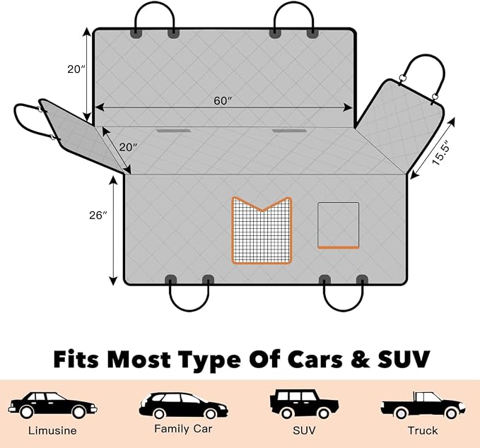 Kytely Dog Car Seat Cover Back Seat XL, Waterproof Hammock for Car & SUV | Side Flaps with Zippers, Mesh Window, 600D Oxford, Anti-Scratch Nonslip Backseat Protector, Dog Seat Belt Included - Image 8