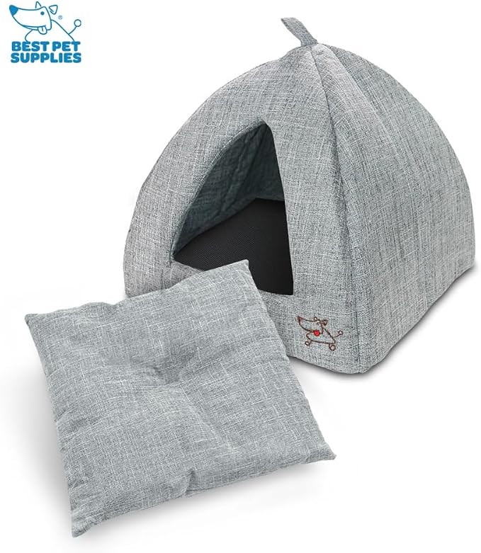 Best Pet Supplies Cat Bed for Indoor Cat, Domed Tent House with Removable Pillow, Covered Cat Cave for Small Dog, Puppies and All Breeds of Cats - Gray Linen, 16 x 16 x H:14" - Image 3