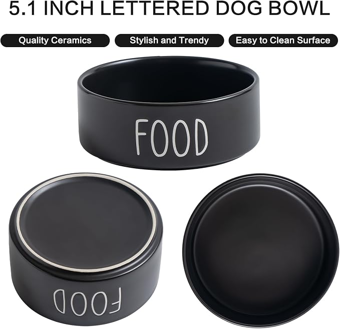 Elevated Ceramic Dog Bowls Set - Food & Water Lettering Raised Dog Bowl with Non-Slip Bamboo Stand for Cats and Small Dogs, Weighted Dogs Dishes Pet Bowls (5.1 inch, 2 * 16oz, Black) - Image 2