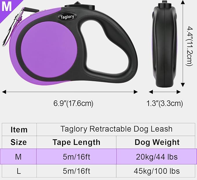 Taglory Retractable Dog Leash, One-Handed Brake, 16ft, Up to 44 lbs, Purple | More Freedom While Staying in Control, Smooth Retraction, Tangle-Free Design, Easy-Grip Handle, Daily Neighborhood Walks - Image 4