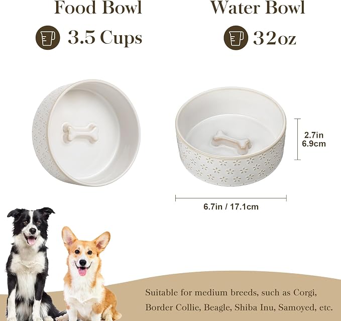 MALACASA Ceramic Dog Food Bowl, Water Dish for Medium Breeds, 3.5 Cups | Five-Leaf Grass Pattern, Ceramic Pet Bowl, Food and Water Dish, Dishwasher and Microwave Safe, for Medium Dogs - Image 2