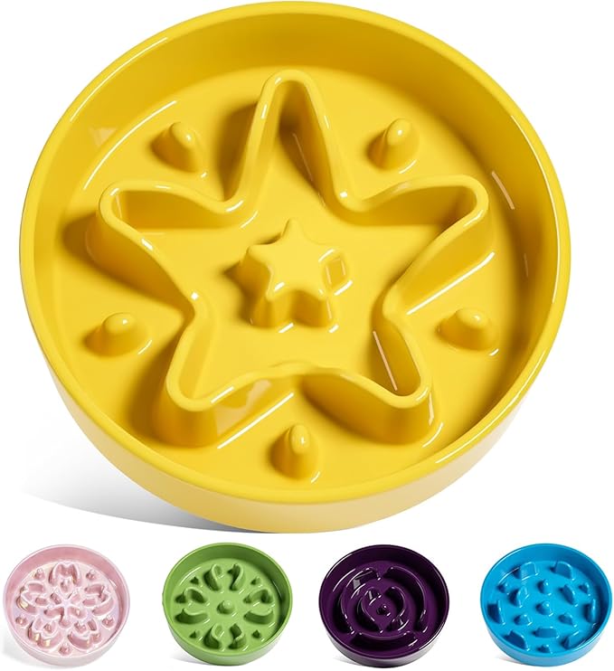 LE TAUCI Ceramic Slow Feeder Dog Bowls Small Breed, 0.6 Cups Dog Food Dish for Fast Eaters, Puzzle Bowl for Small Dogs and Cats, Star Yellow by LETAUCI