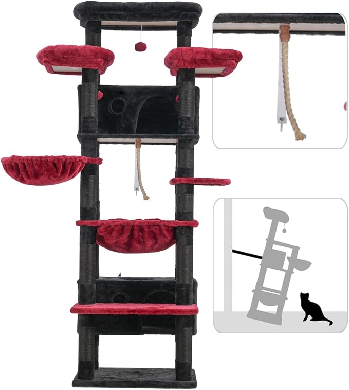 Cat Tree, 74" Tower for Large Cats, Big Condo Hammock CCT030BR | Heavy duty, 3 Big Platforms, 2 Baskets, 2 Condos, Multi-Level Cat Scratching Posts, Indoor Cats Large Adult, Black and red - Image 7