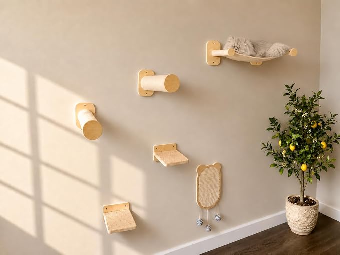 Cat Wall Shelves 6-in-1 Wall Mounted Cat Furniture with Perch & Hammock, Wooden Climbing Shelves with Scratching Post Pad, Space-Saving Climbing Tower for Indoor Cats - Image 2