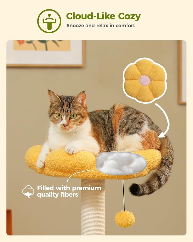 37.4" Flower Cat Tree with 2 Hammocks & 6 Sisal Posts, Yellow | Flower top perch, 2 spacious hammocks, 6 sisal posts, Cute small tower, For indoor kittens, Sturdy build - Image 4
