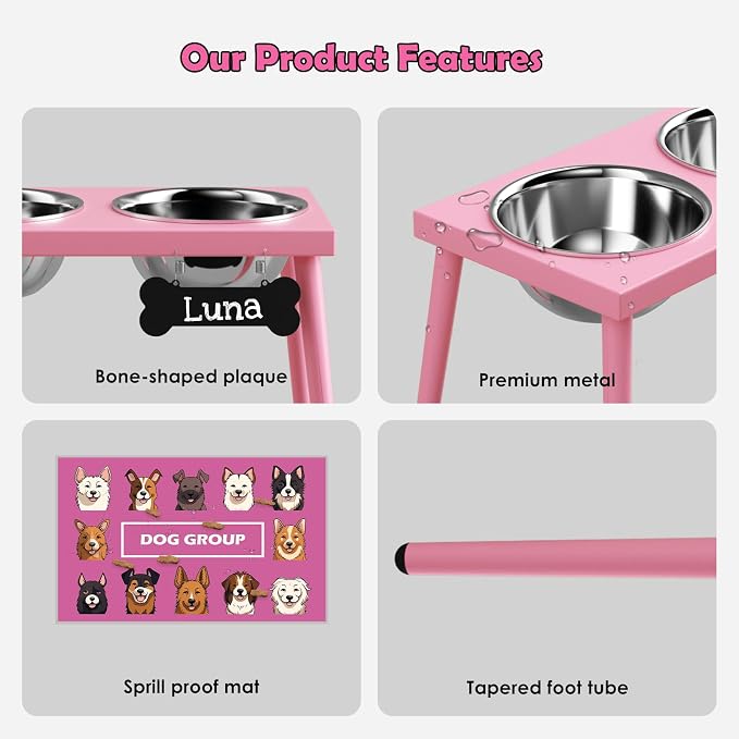 Adjustable Elevated Dog Bowl Stand with Slow Feeder, 2 x 58oz Stainless Steel Bowls, Raised Food and Water Holder for Medium and Large Dogs, Pink - Image 4