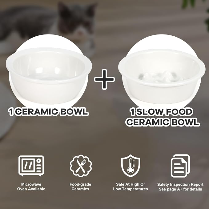 LEAWALK Upgraded Adjustable Height Cat Food Bowls Stand Ceramic Dog Bowls and Slow Feeder Cat Bowl, 15°Tilted Stand Anti Vomiting Raised for Small and Medium Sized Cats Dogs (White) - Image 5