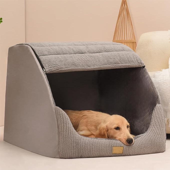 Large Dog House Indoor, Soft Plush Dogs Cave Bed Covered Pet Bed with Fluffy Washable Cushion, Portable Dog/Cat Pet Tent House for Medium Large Dogs (Grey, Medium) - Image 5