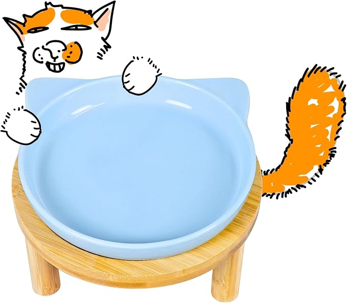 Elevated Ceramic Cat Bowls with Bamboo Stand for Cat Bowl, Whisker Friendly Shallow Cat Plate, Stable Raised Cat Food Riser for Indoor Cats (Blue, Set of 1) by Tafelf