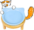 Elevated Ceramic Cat Bowls with Bamboo Stand for Cat Bowl, Whisker Friendly Shallow Cat Plate, Stable Raised Cat Food Riser for Indoor Cats (Blue, Set of 1) by Tafelf