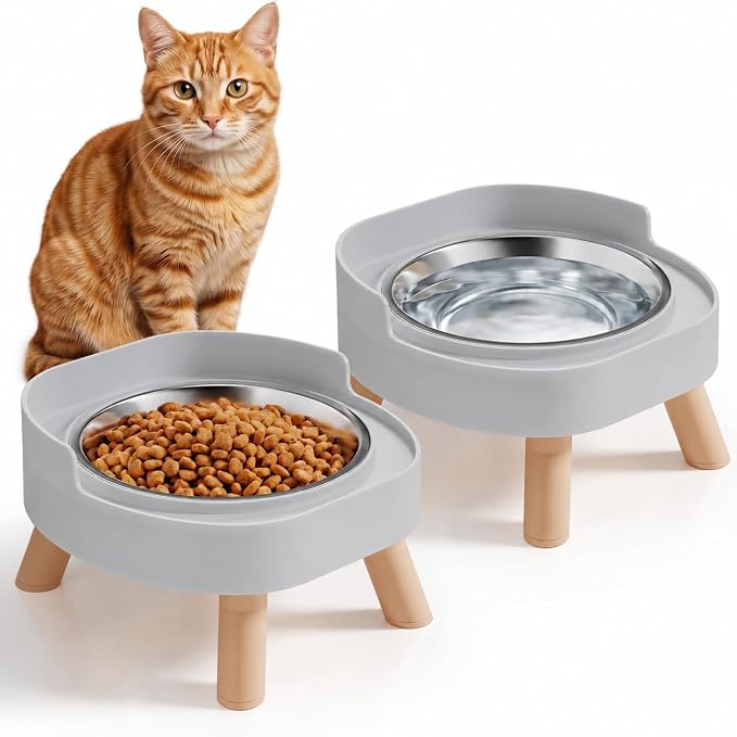 Elevated Cat Bowls, 2P Raised Cat Food and Water Bowl Set for Indoor Cats, Splash Proof with 2 Stainless Steel Pet Food Bowls for Cats ＆ Puppies, Whisker Friendly and Dishwasher Safe - Grey by HIAIEVIY