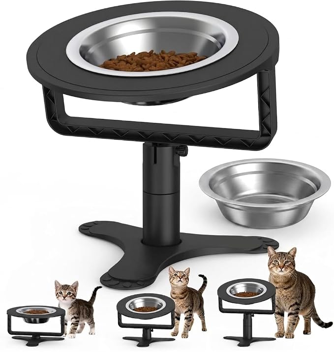Raised Cat Bowls with Height-Adjustable Stand 15° Tilted Cat Food Bowls Non-Slip Feeder Adjusts to 2.4", 4.02",5.98" with Stainless Steel Bowls Whisker Friendly for Cats and Puppy (Black) by PETVENTURE