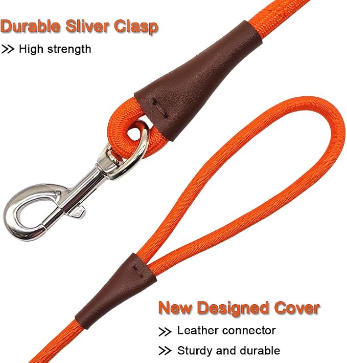 MayPaw 4/6 /8/10 FT Dog Leash, Classic Solid Colors, Strong Nylon Rope Dog Leash Reinforced with Leather Tailor Connection Heavy Duty Silver Clasp (Orange, 6ft*1/2") - Image 3