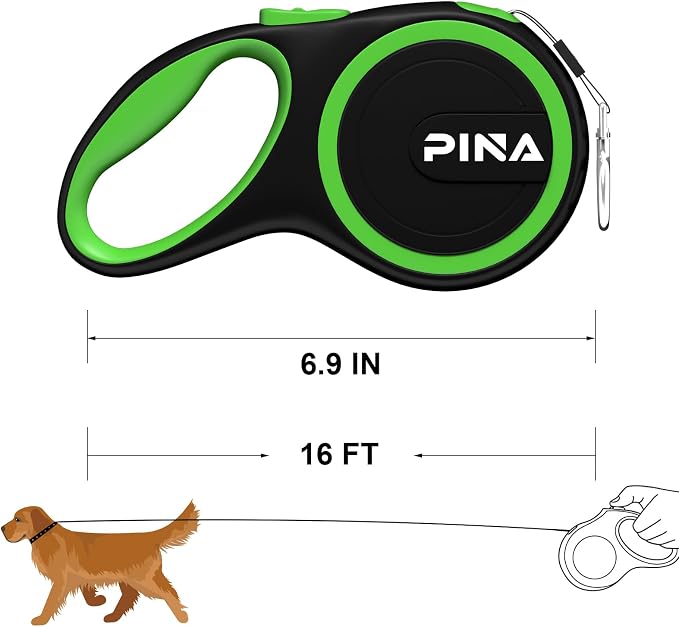 PINA Retractable Dog Leash, 16ft Dog Leash for Small Medium Dogs Up to 44lbs, 360° Tangle-Free Strong Reflective Nylon Tape, with Anti-Slip Handle, One-Handed Brake, Lock - Black Green - Image 6