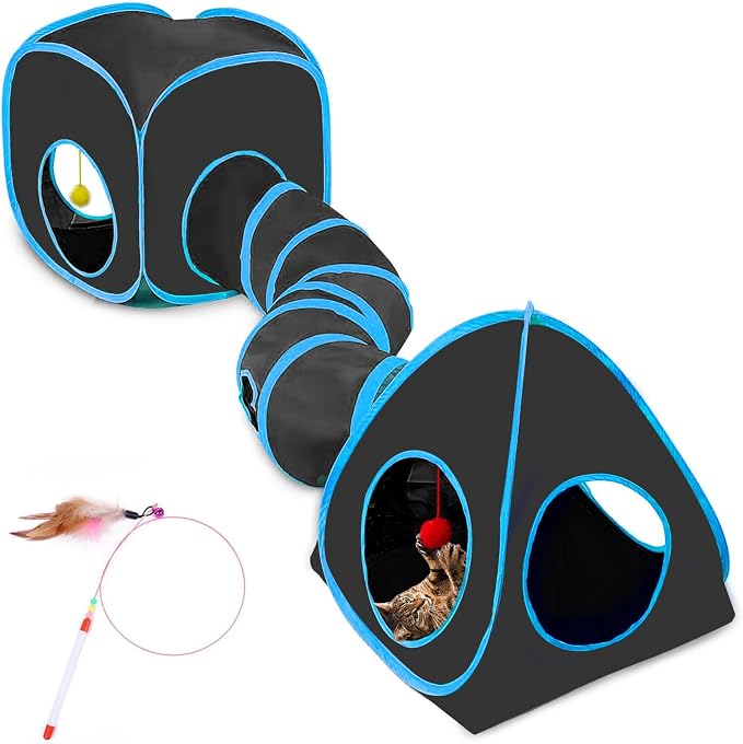 Cat Tunnels for Indoor Cats with Tent Cube and Feather Toy Collapsible Combo, Pop Up Cat Play Tunnel with Interactive Cat Toy Ball for Kitten, Ferret, Puppy, Guinea Pig, Rabbit, Bunny, Blue by Maikolerfeng