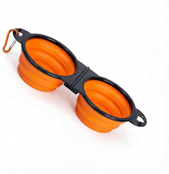 Double Collapsible Dog Bowls for Travel, Food & Water with Clip, Orange | 13.5 oz each, folds flat, carabiner clip, walking, hiking, camping, for small and medium pets - Image 4