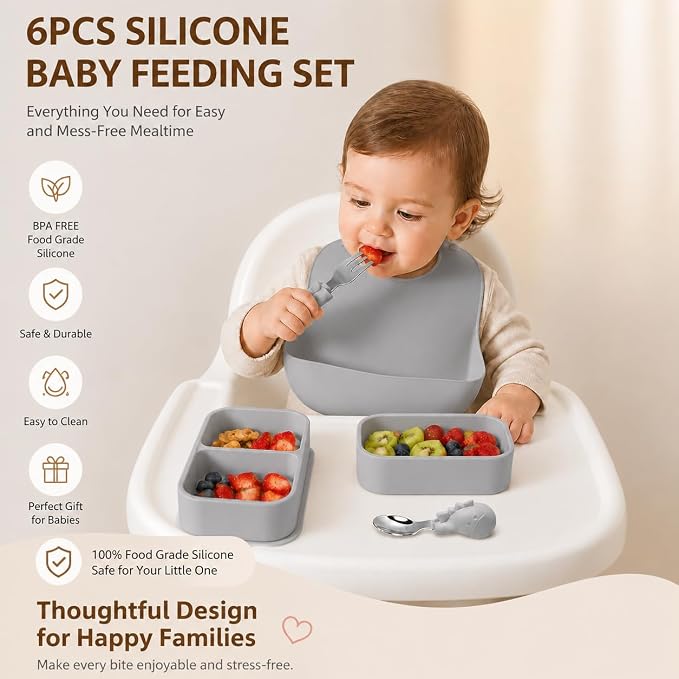 Travel Silicone Baby Feeding Set with 316 Stainless Steel Spoon & Fork ,Silicone Suction Plates, Foldable Bib, Storage Bag - Portable Infant Toddler Utensils, 6-Piece BPA-Free Dishware Kit（gray） - Image 4
