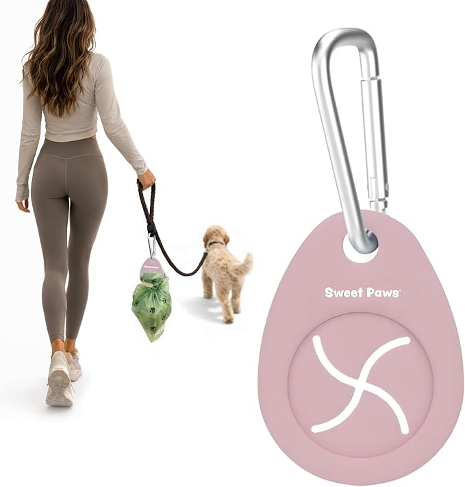 Dog Poop Bag Holder Charm for Hands-Free Carry of Used Poop Bag, Durable Eco-Friendly Silicone Dog Walking Accessory with Carabiner Clip-Blush Pink by SweetPaws