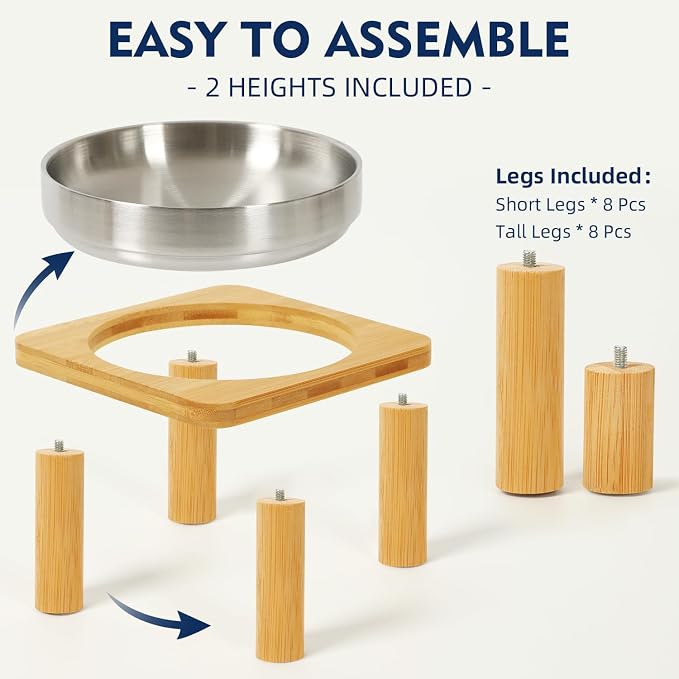 DoogCat Raised Cat Bowl, Elevated Cat Bowls with Bamboo Stand, Set of 2 | Premium Stainless Steel Bowls, Adjustable Height, Whisker-Friendly Design, Elevated Feeding, Easy to Clean - Image 5