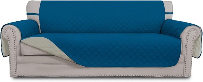 Easy-Going Reversible Couch Cover, 4 Seater Sofa, Peacockblue/Beige | XX-Large Sofa, Washable Slipcover For Dogs, Water Resistant Mat, Living Room, Non-Slip Sofa Cover, Pet Friendly by Easy-Going