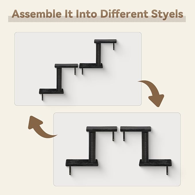 Meecal 6-in-1 Cat Wall Shelves, Wall Mounted Cat Furniture Set with Scratching Posts, Cat Bed & Bridge, Space Saving Cat Climbing Perch for Kittens, Black - Image 2