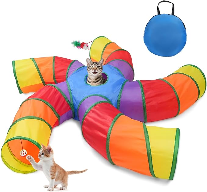 Joytale Cat Tunnel for Multiple Cats, 5-Way Indoor Tube Toy to Chase & Hide | Bell ball & Toy Mouse Included; Peekaboo Hole; Pops Open & Folds Into Zip Bag; Fits Cats to ~12 lb; Kittens & Rabbits Too by Joytale