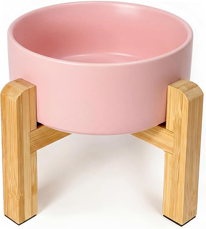 Ceramic Elevated Dog Bowl with Bamboo Stand, for Small & Medium Dog, Pink by HCHLQLZ