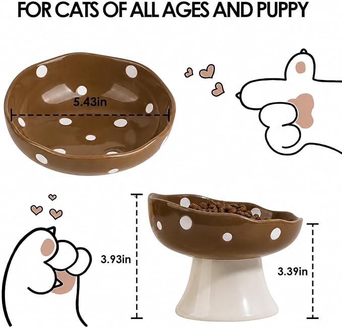 Brown Mushroom Cat Bowl, Elevated Ceramic Bowl for Cats | Cute, Elevated, Ceramic, Whisker Friendly, Dishwasher Safe - Image 3